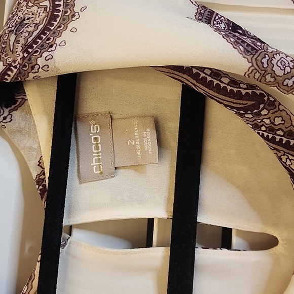 Chicos Cream Burgundy Paisley Pleated Blouse Sz 2 Layered Cowl Neck - Picture 2 of 6